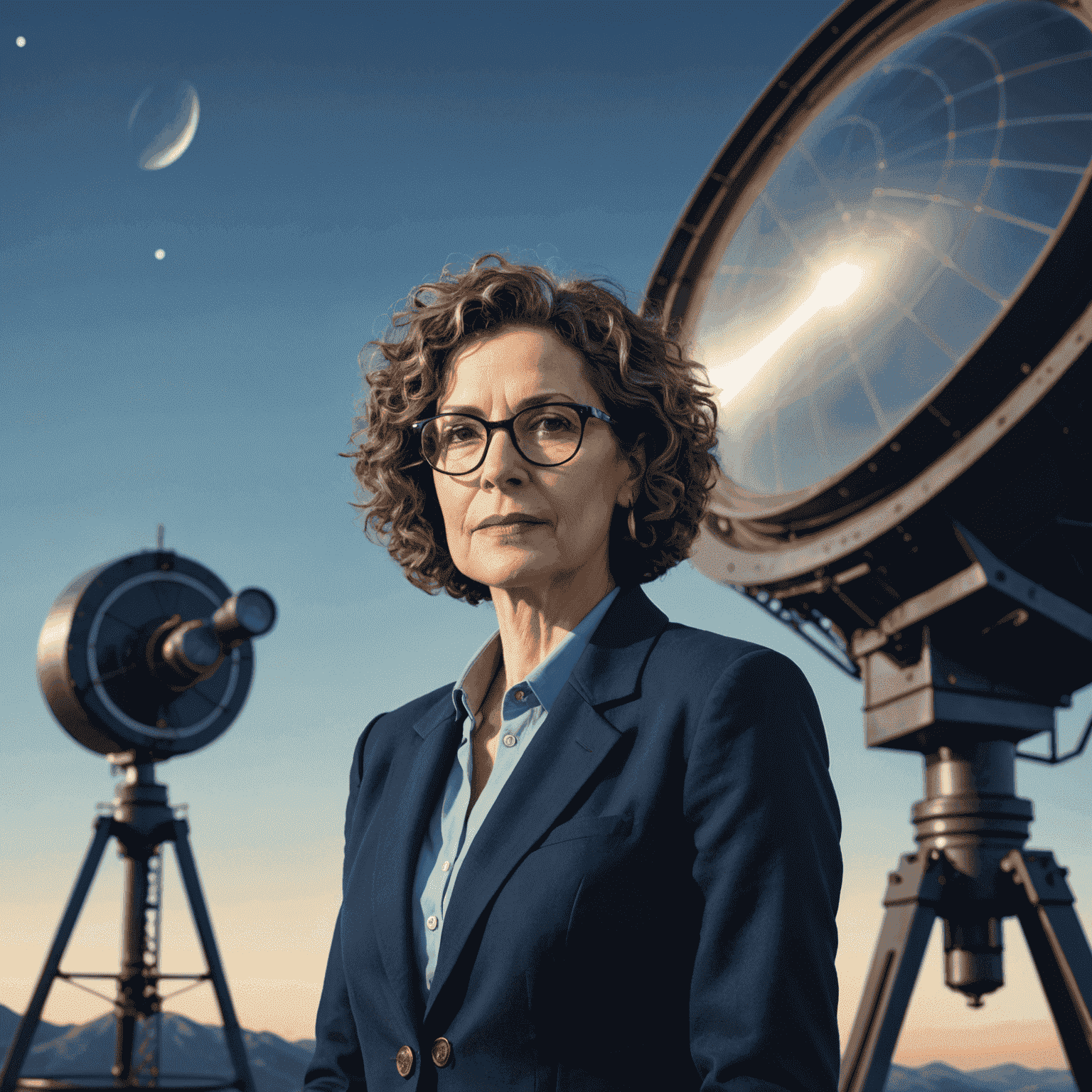 Portrait of Dr. Stella Nova, a middle-aged woman with short curly hair and glasses, wearing a navy blue blazer, standing in front of a large telescope