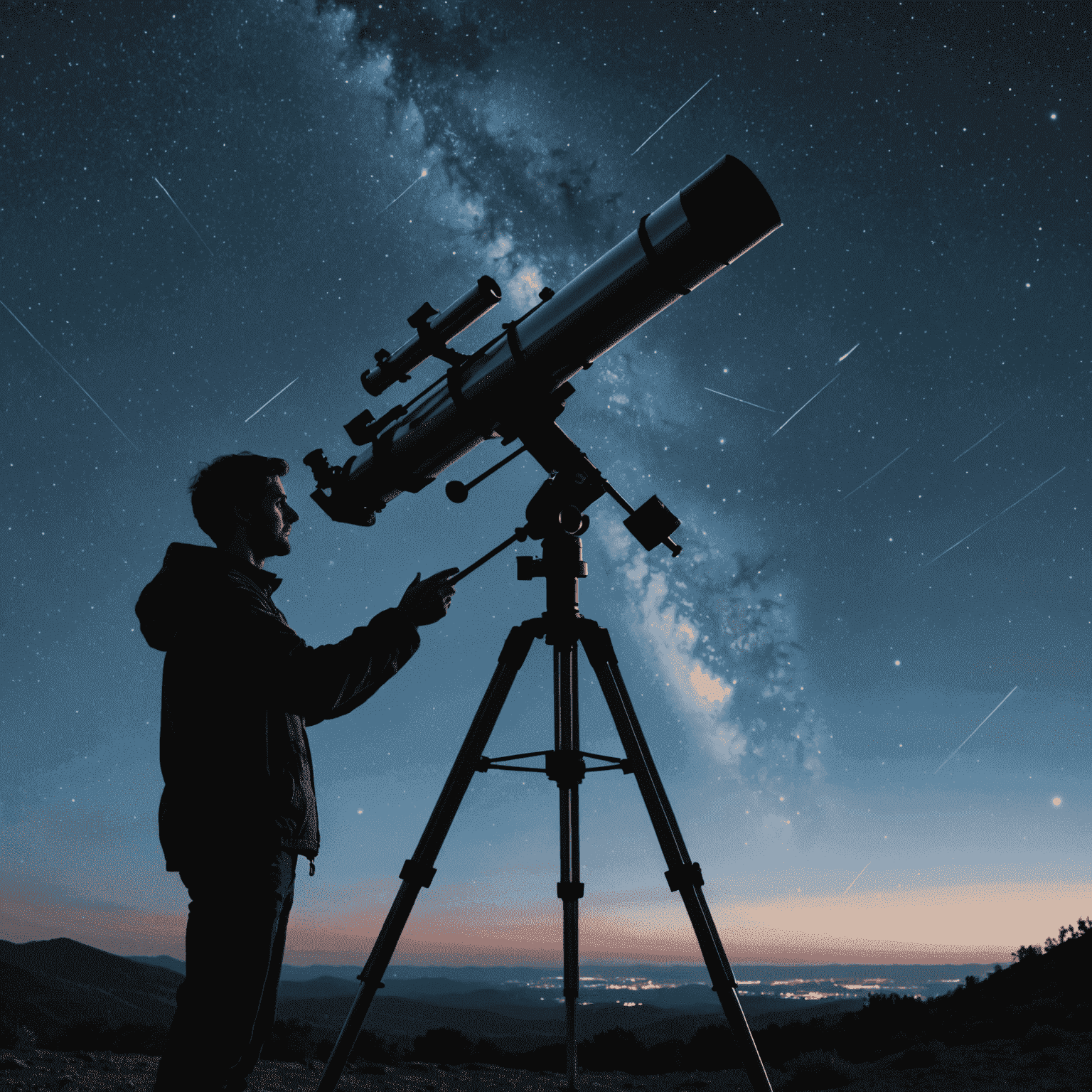 An astronomer using a large telescope to observe stars in a clear night sky, with constellations and distance measurements overlaid