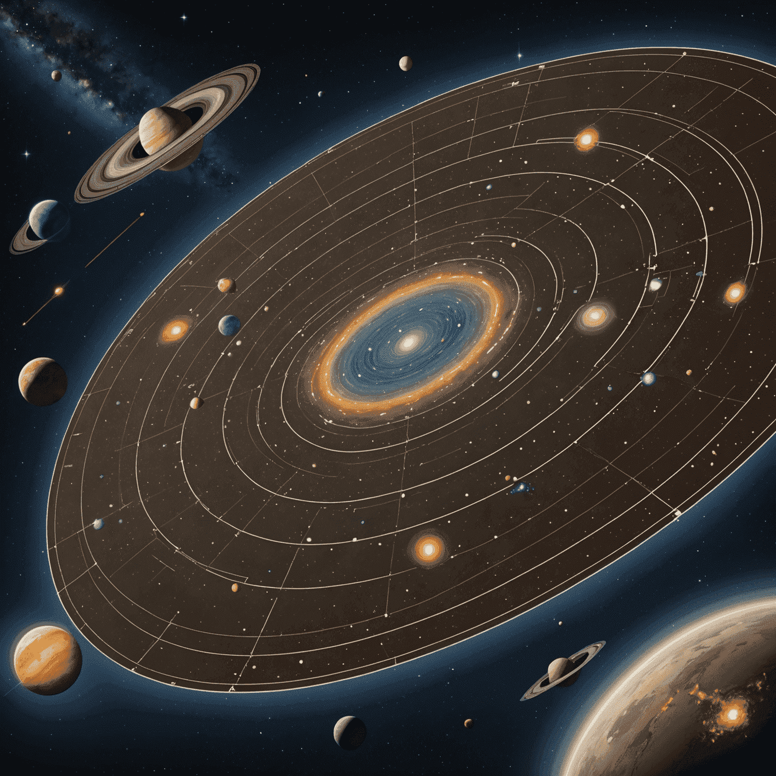 3D galactic map showing stars and galaxies with distance markers in parsecs