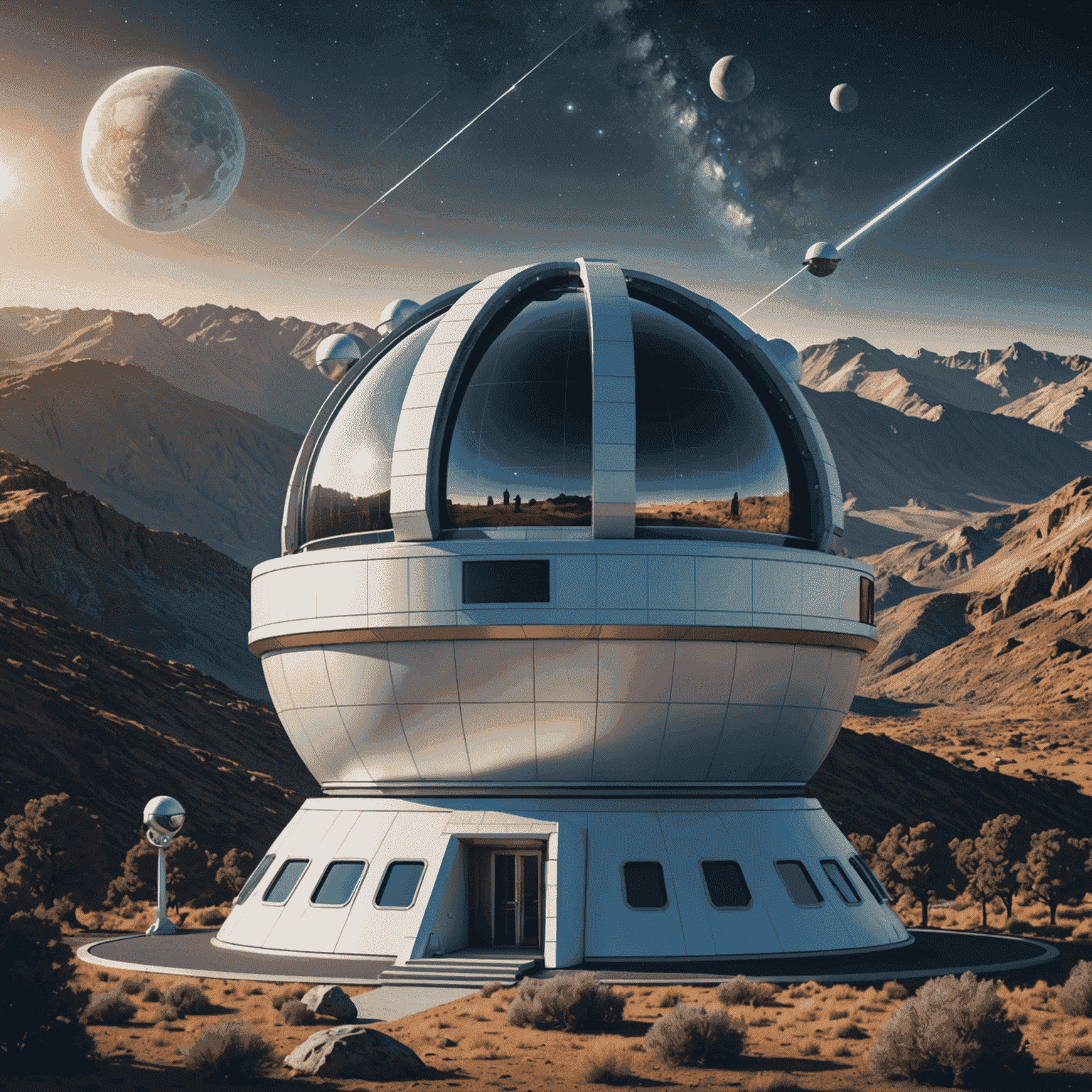 Futuristic astronomical observatory with advanced telescopes and holographic displays showing cosmic distance measurements