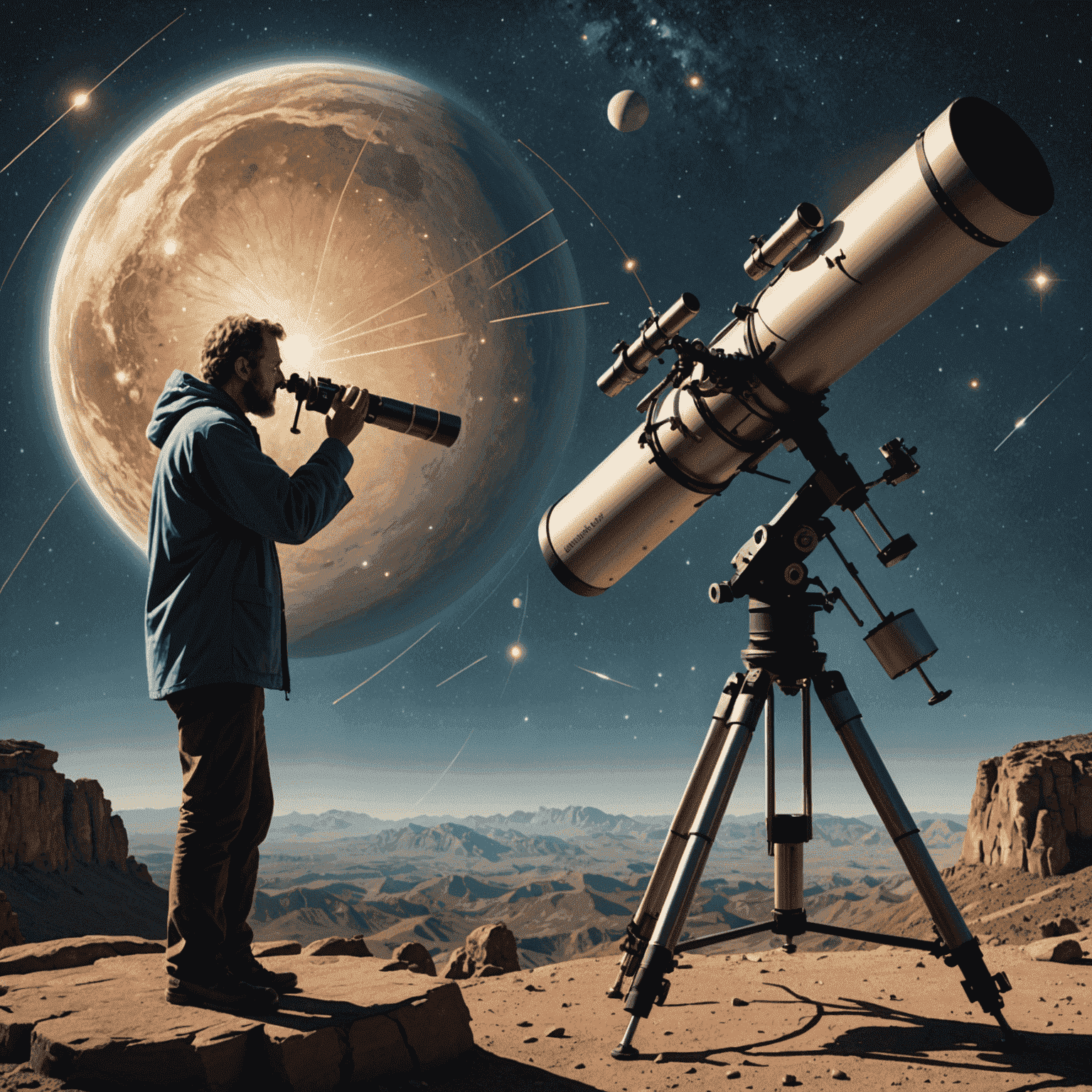 An illustration of an astronomer using advanced telescopes and instruments to measure stellar distances, with visual representations of parallax and parsec calculations overlaid.