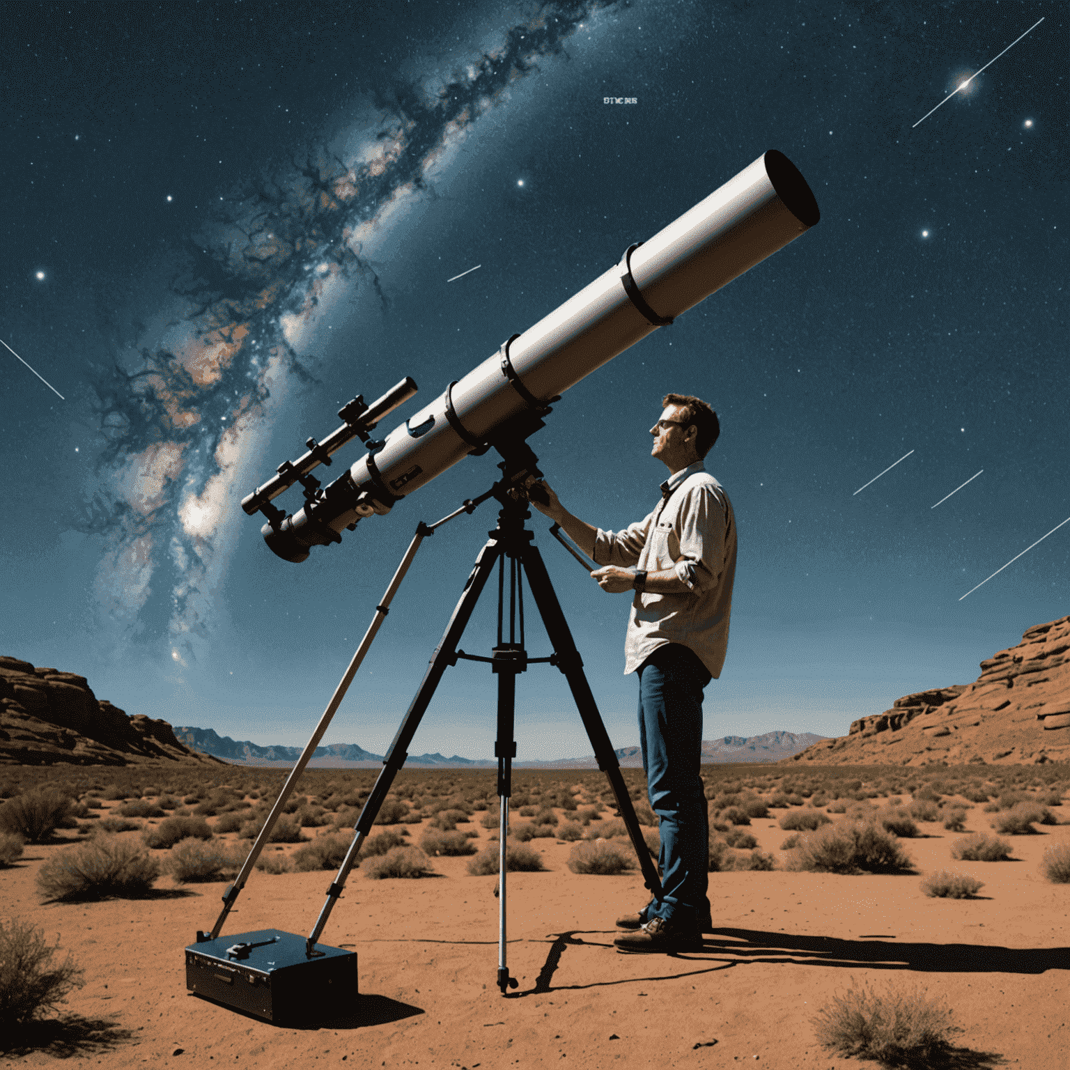 An illustration of an astronomer using advanced telescopes and instruments to measure stellar distances, with overlays showing parallax angles and parsec calculations.