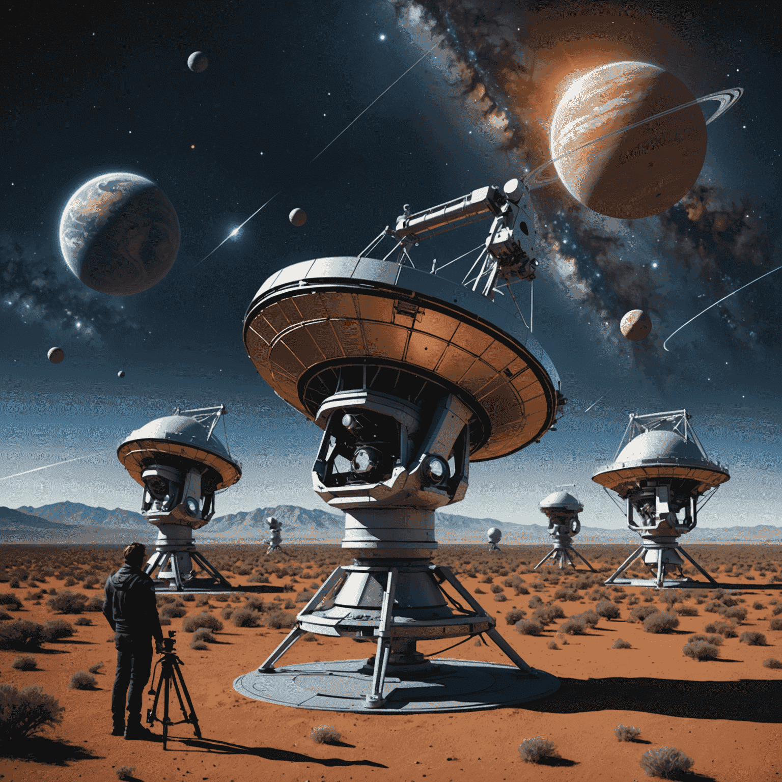 A futuristic scene depicting advanced space telescopes and AI-powered data analysis systems working together to measure cosmic distances with unprecedented accuracy.